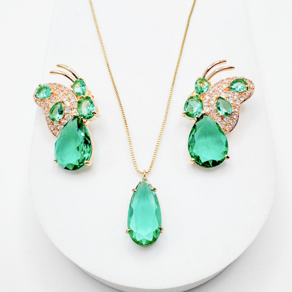 Conjunto mariposa verde | Baño de rodio blanco