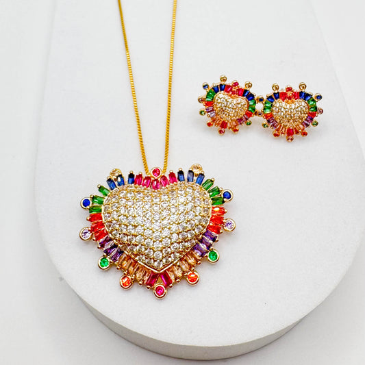 Conjunto de corações coloridos | Duplo banho de ouro 18K