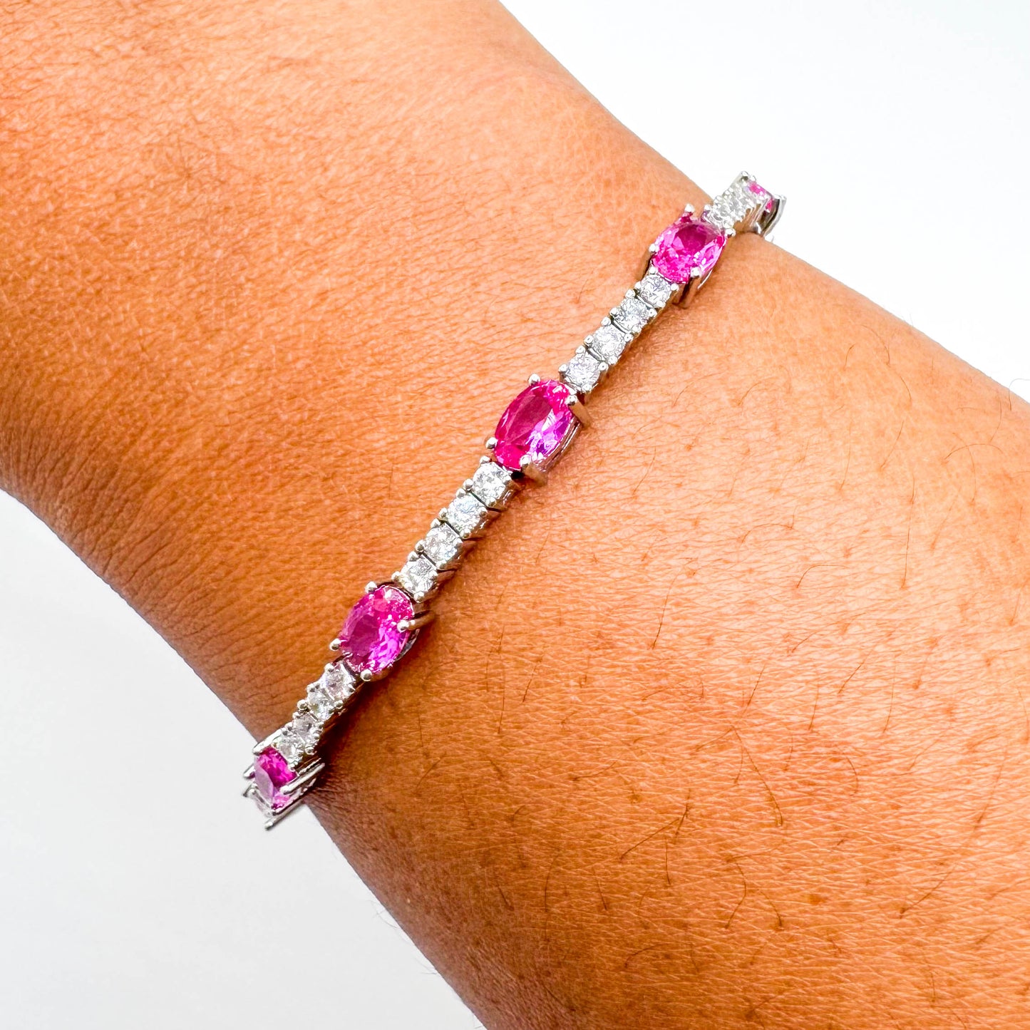 RHODIUM PLATED OVAL DIAMOND RUBELLITE BRACELET