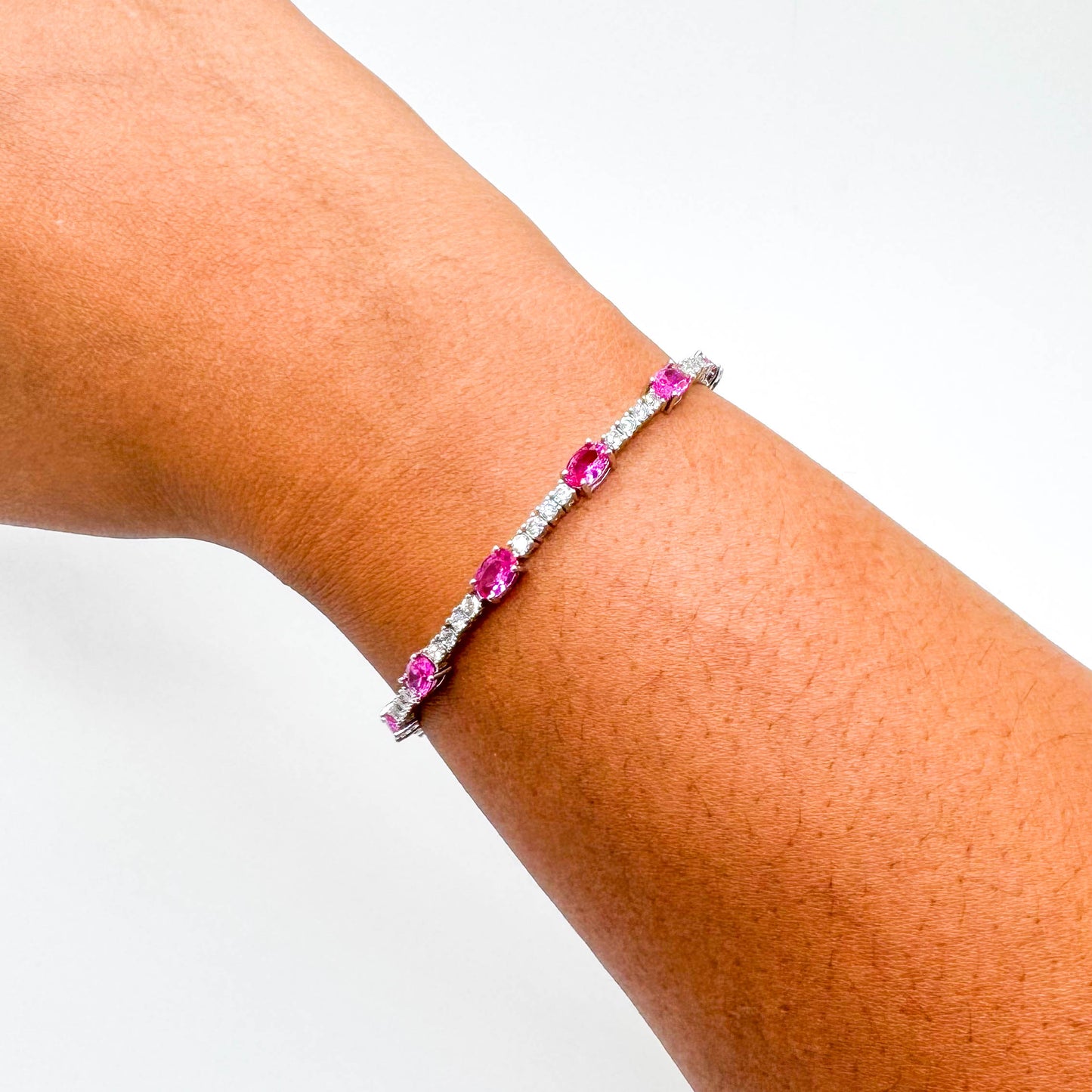 RHODIUM PLATED OVAL DIAMOND RUBELLITE BRACELET