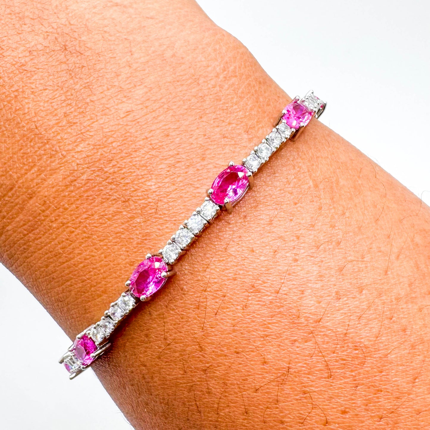 RHODIUM PLATED OVAL DIAMOND RUBELLITE BRACELET